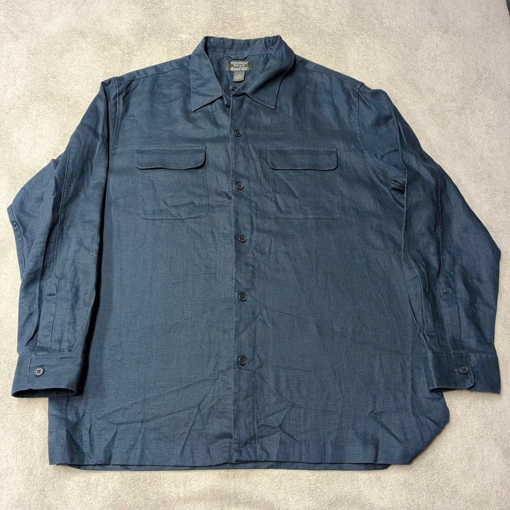 Woodward Marshall Fields 100% Linen Shirt Loop Collar Navy Blue Pockets Mens XL